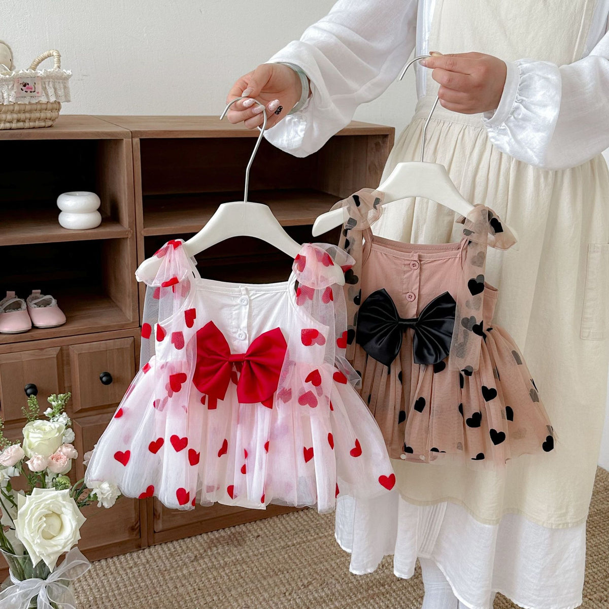 Girls' Dress with Hearts and Small Bow