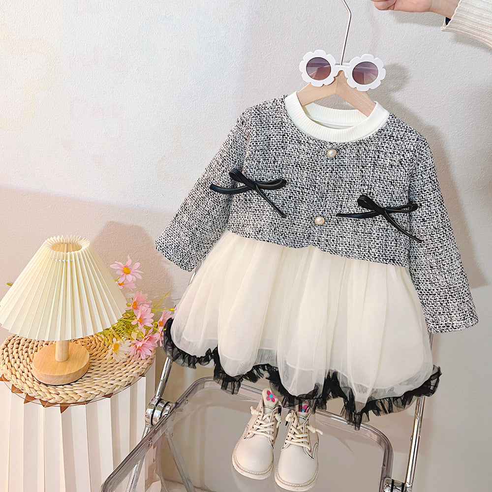 Vestido infantil de tweed y tul con lazos