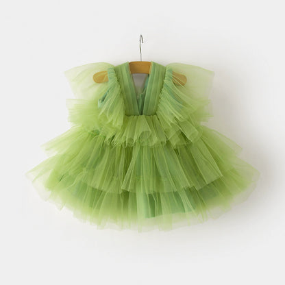 Green Children's Dress with Tulle Layers