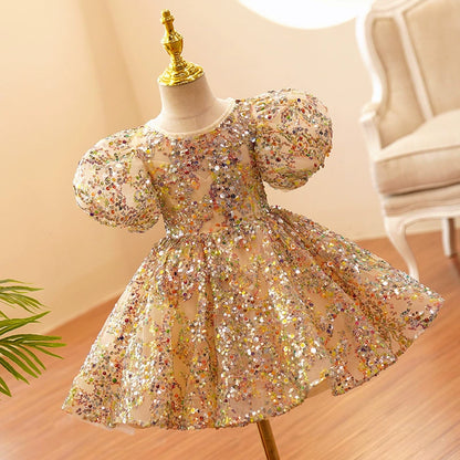 Gold Sequined Party Dress for Girls + Bow