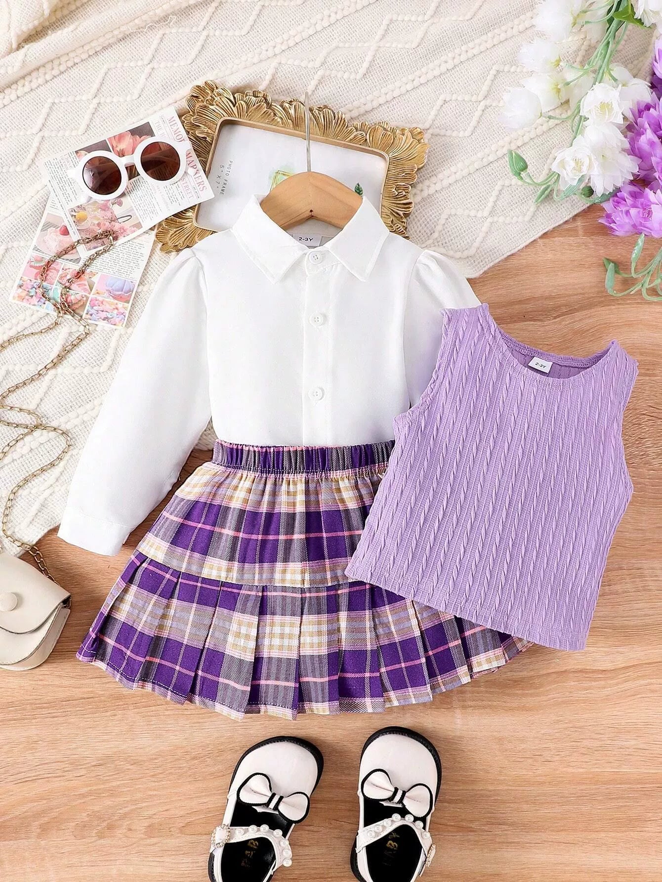 Conjunto de 3 piezas para niña: chaleco y falda 