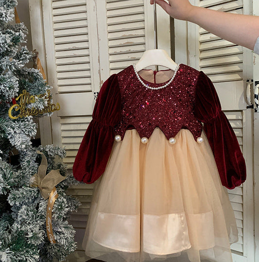 Children's Dress in Shiny Velvet and Pearls