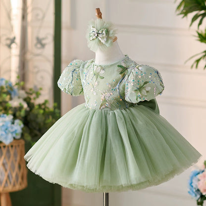 Bright Floral Green Children's Party Dress