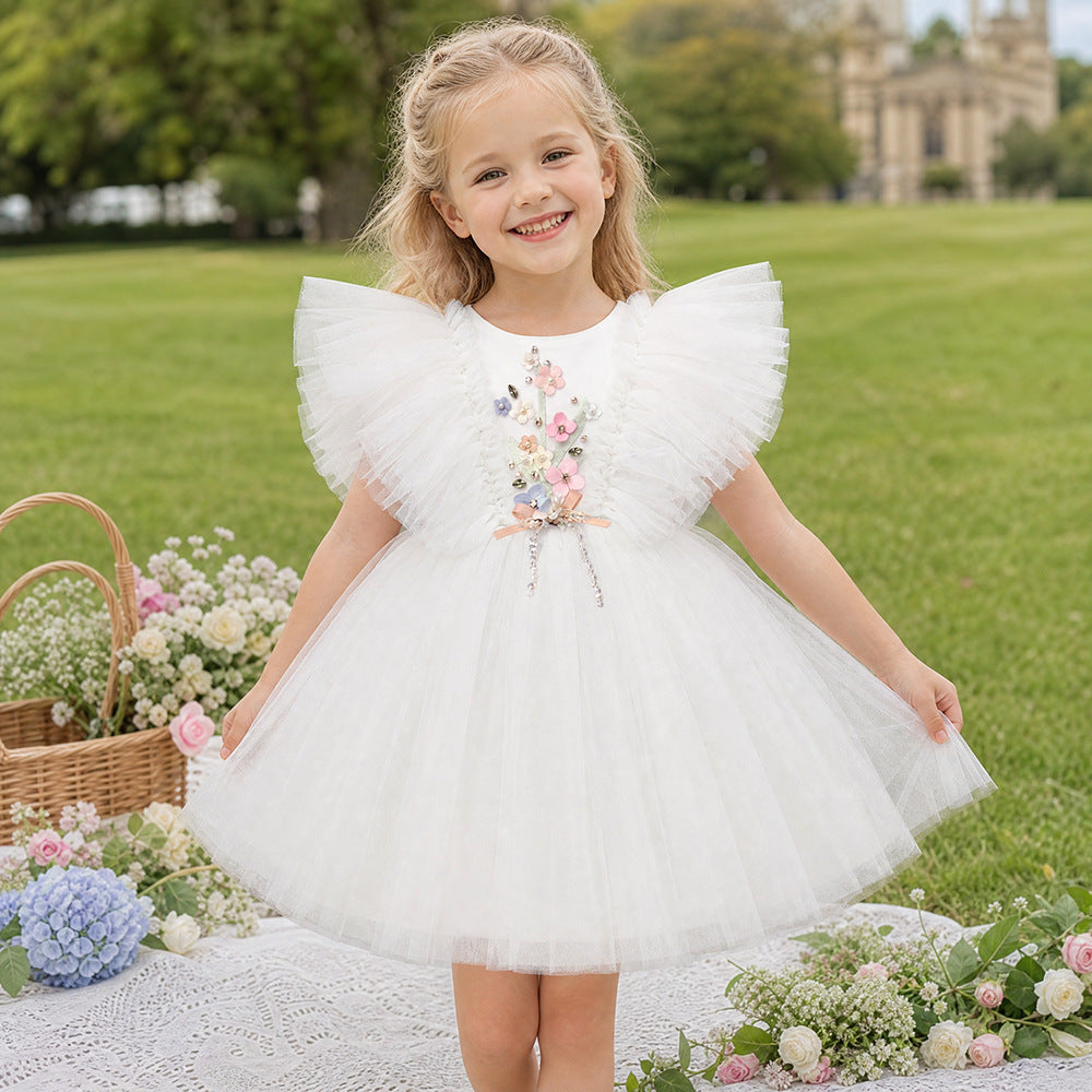 Flower Children Girls Flying Sleeve Tulle Princess Dress