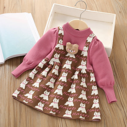 Children's Knitted Dress with Teddy Bear and Kitten