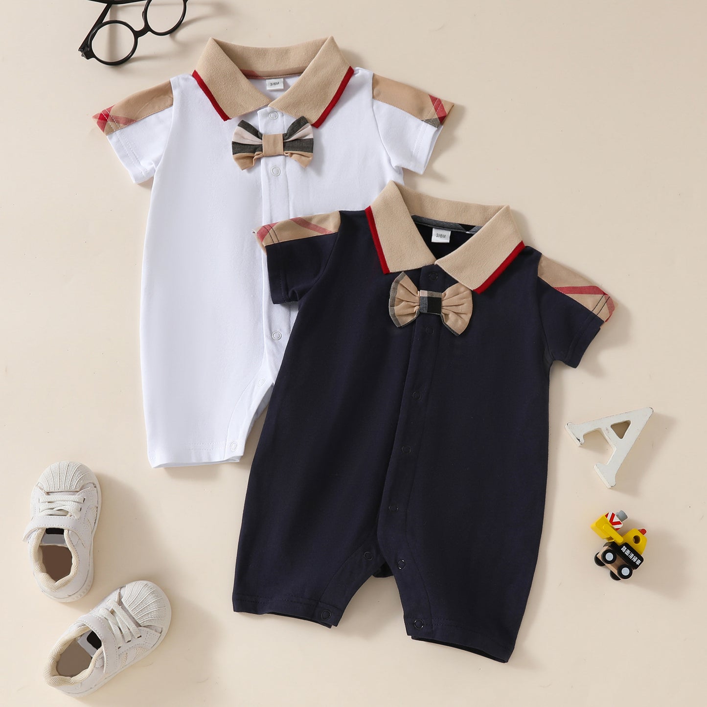 Baby Romper with Bow Tie Collar
