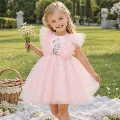 Flower Children Girls Flying Sleeve Tulle Princess Dress