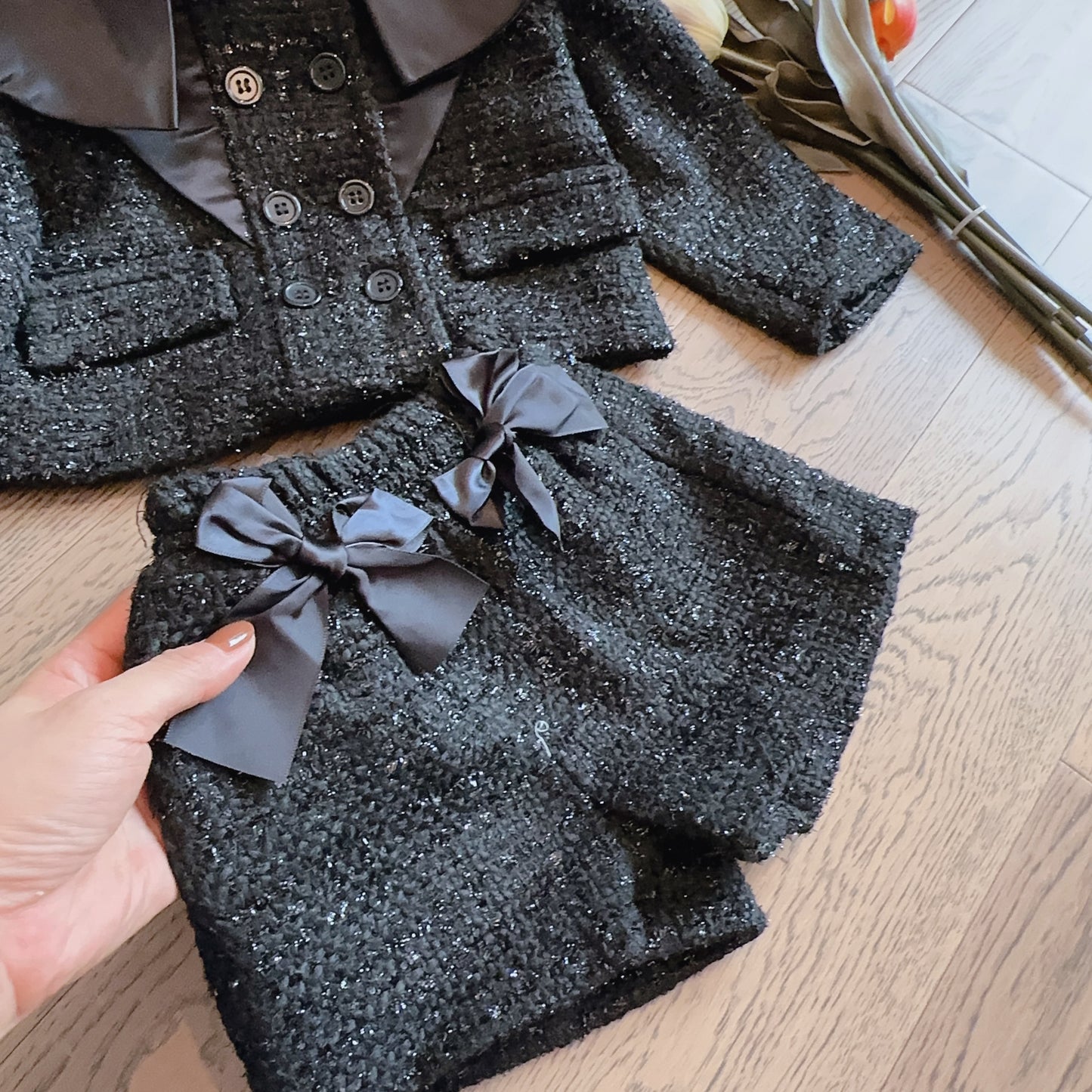 Girls' Black Outfit with Small Bows