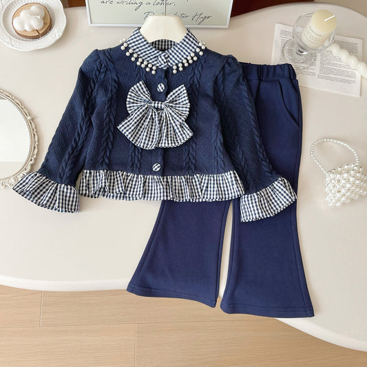 Girls' Checkered Outfit with Bow
