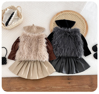 Girls' Furry and Pleated Set