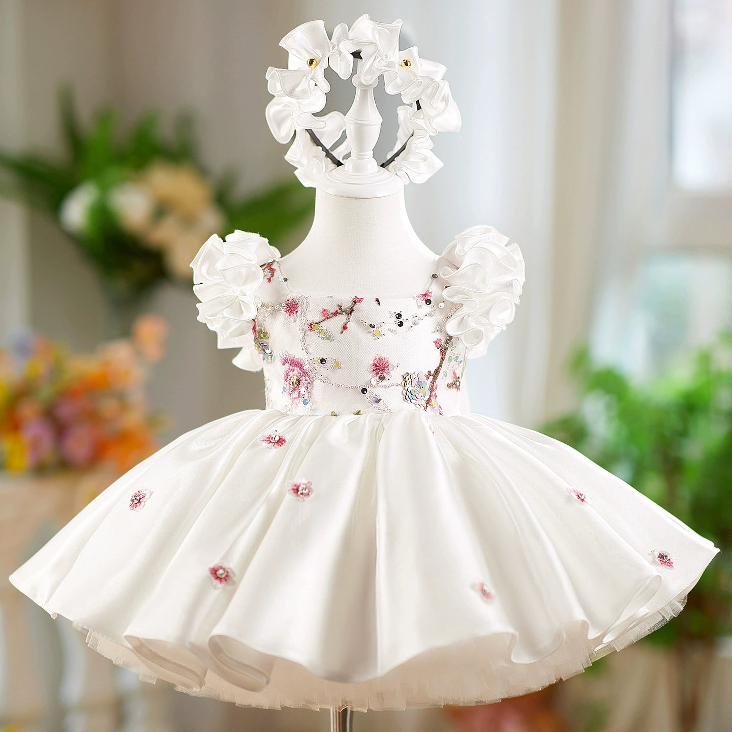 White Party Dress with Sparkling Flowers