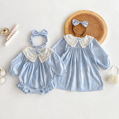 Blue Children's Bodysuit/Dress with Flowers and Lace