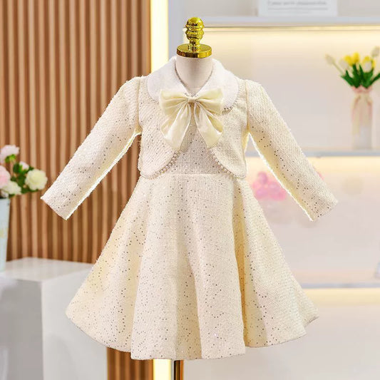 Beige Children's Dress + Romper with Bow