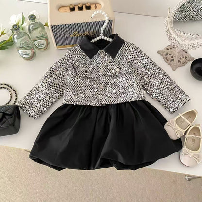Children's Dress + Jacket, Black, Shiny