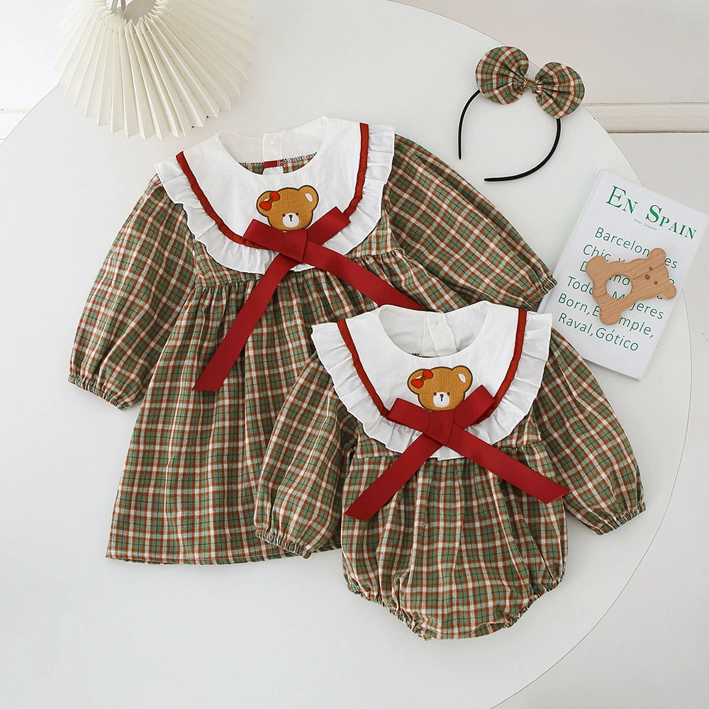 Body/ Checkered Dress with Teddy Bear for Kids