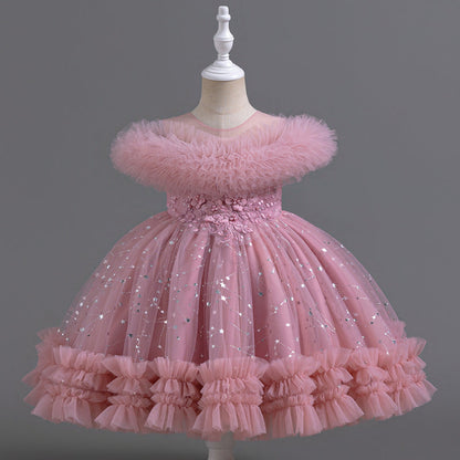 Vestido de fiesta infantil de tul con estrellitas y flores 