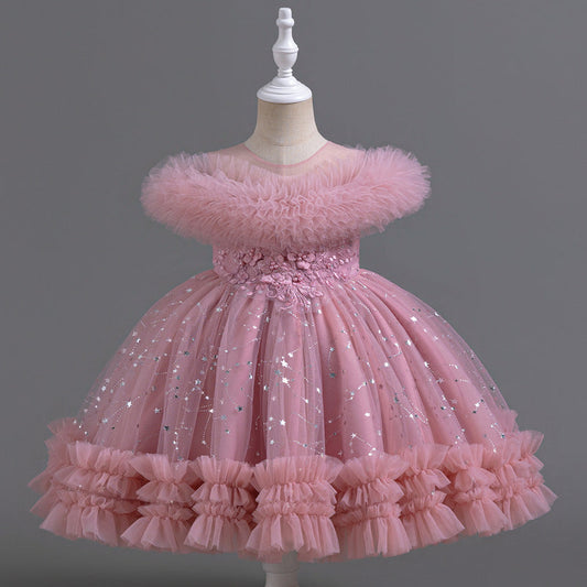 Vestido de fiesta infantil de tul con estrellitas y flores 