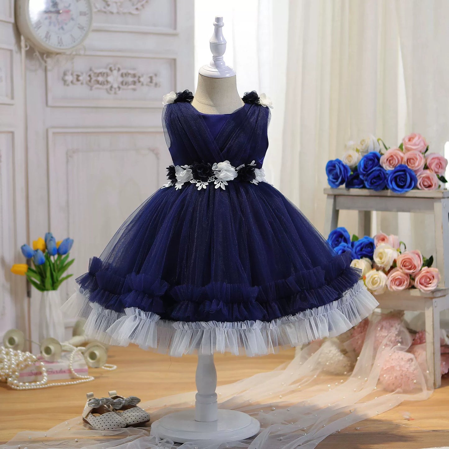 Vestido de fiesta infantil de tul con flores 