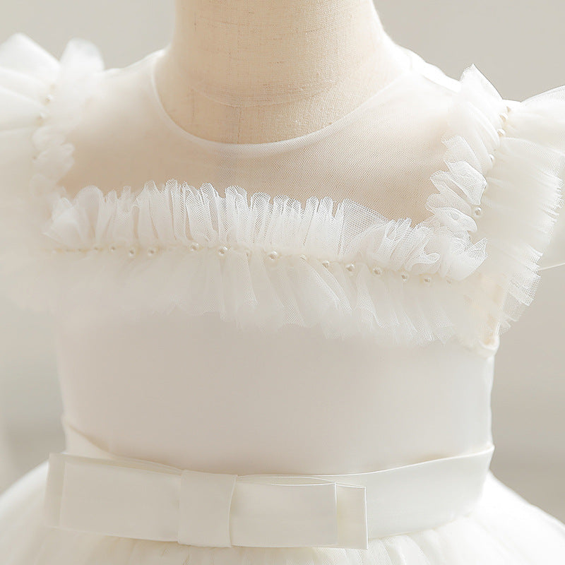 Vestido de fiesta infantil plisado de tul y perlas 