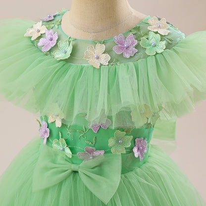 Green Girls' Dress with Small Flowers and a Small Bow