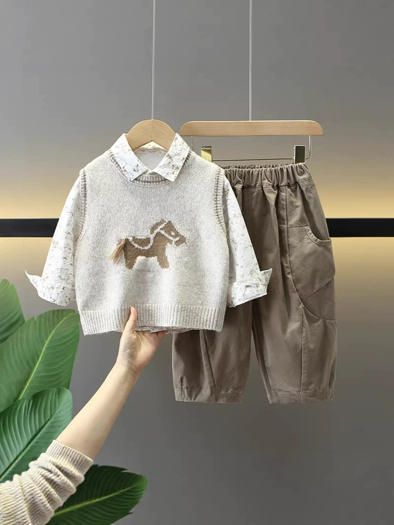 Children's 3-Piece Knitted Set with Little Horse Design