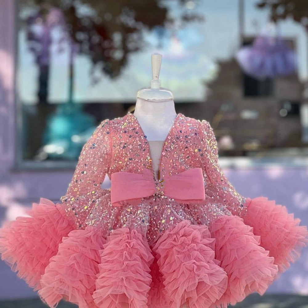 Vestido de fiesta de tul brillante con volantes 