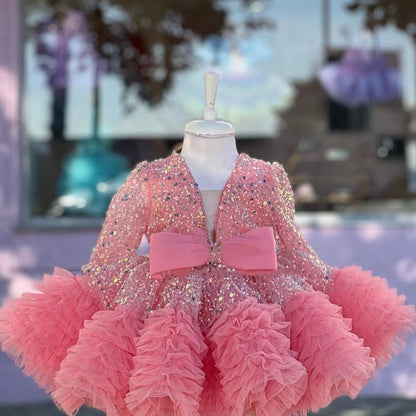 Vestido de fiesta de tul brillante con volantes 