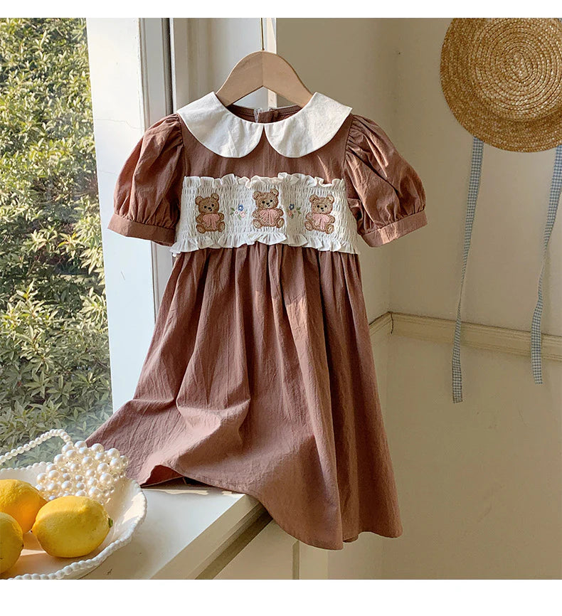 Vestido infantil marrón con ositos de peluche 