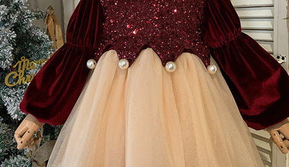 Children's Dress in Shiny Velvet and Pearls