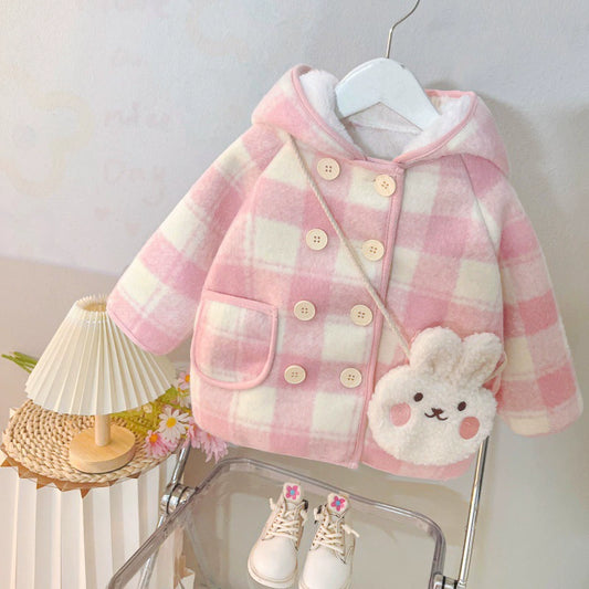 Girls' Pink Plaid Plush Coat