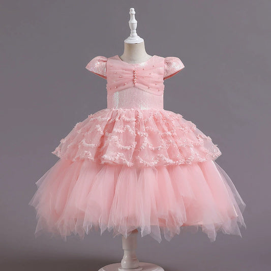 فستان حفلات للأطفال مع اللؤلؤ والتول 