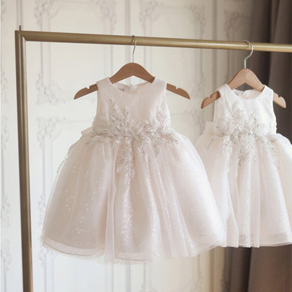 White Shiny Children's Party Dress with Flowers