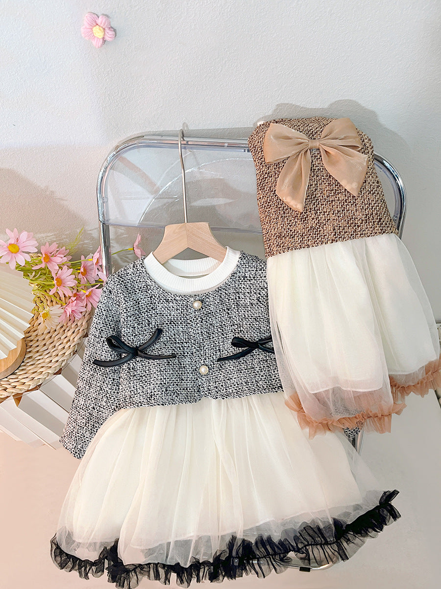 Vestido infantil de tweed y tul con lazos