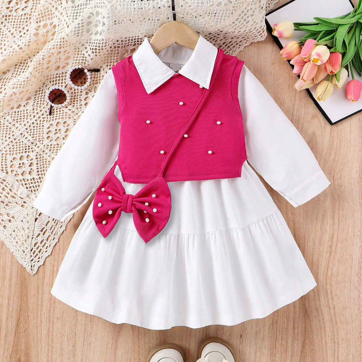 Conjunto de niña vestido + chaleco de perlas 