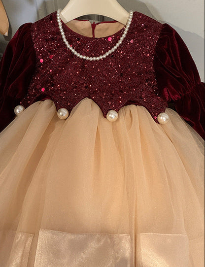 Children's Dress in Shiny Velvet and Pearls