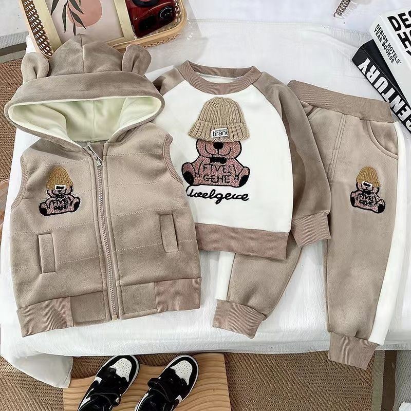 Cartoon Print Sweatshirt+Pants+Vest 3Pcs Suit For 1-4Y Kids Thick Warm Outfit