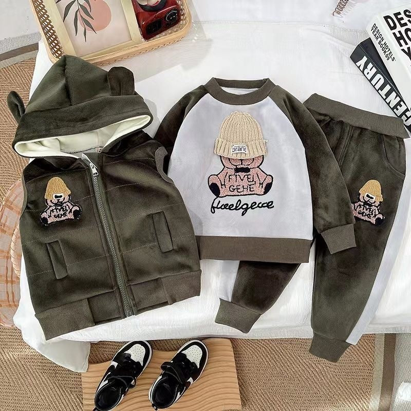 Cartoon Print Sweatshirt+Pants+Vest 3Pcs Suit For 1-4Y Kids Thick Warm Outfit