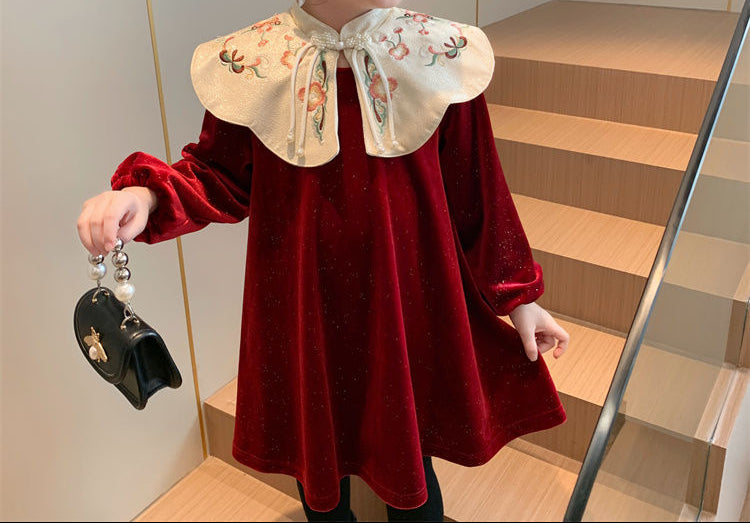 Children's Velvet Dress with Floral Collar