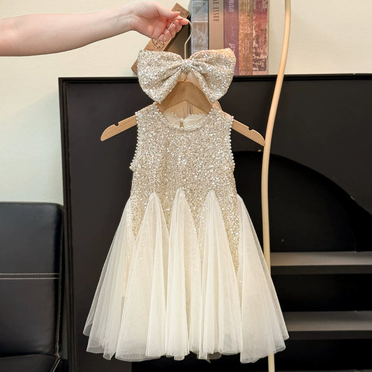 Shiny Children's Dress with Bow and Tulle
