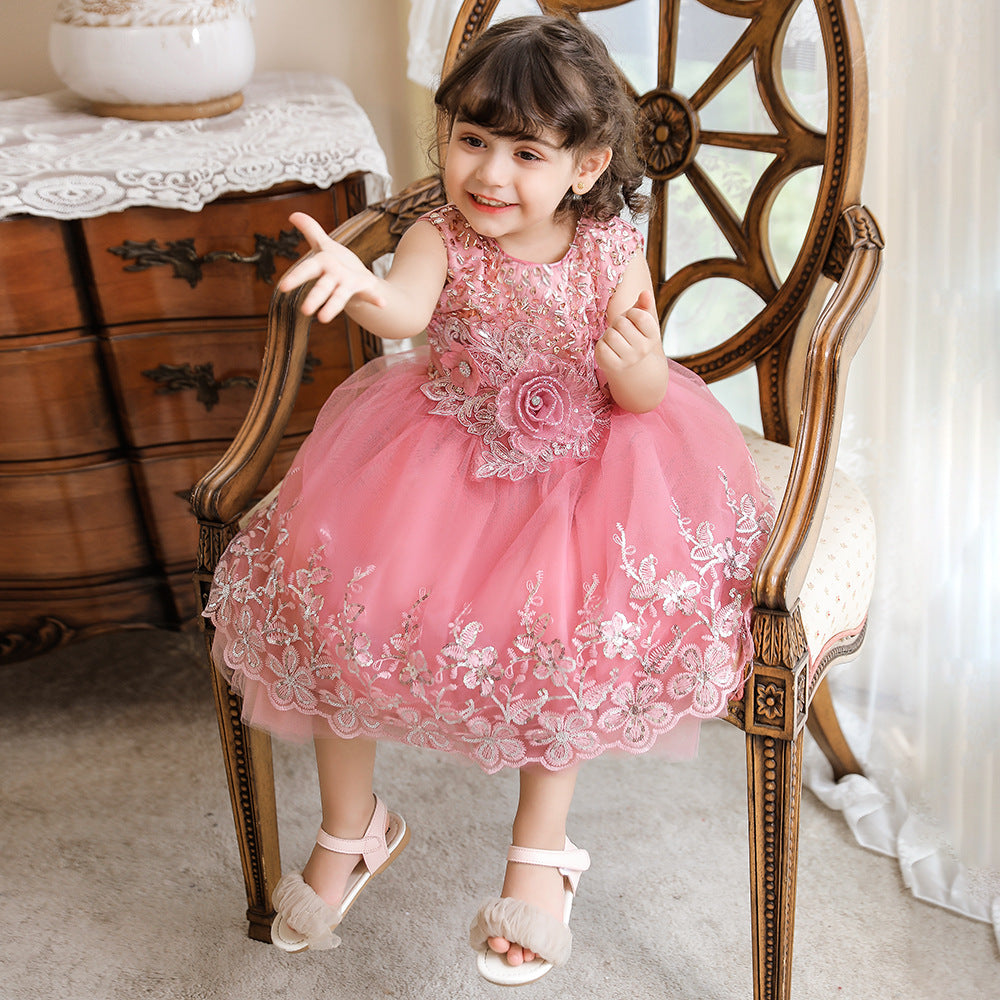 Vestido de fiesta infantil de tul brillante y flores 