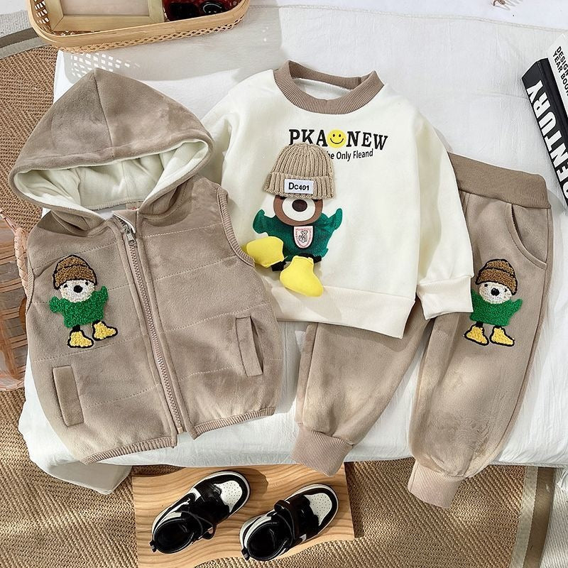 Cartoon Print Sweatshirt+Pants+Vest 3Pcs Suit For 1-4Y Kids Thick Warm Outfit