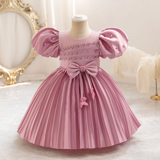 Vestido de fiesta infantil con perlas y lazo 