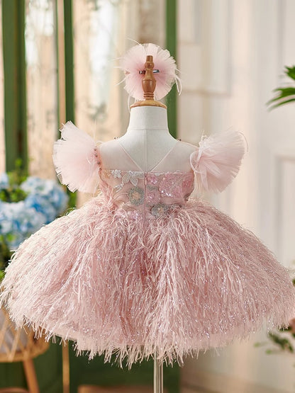 Pink Feathered Party Dress for Girls