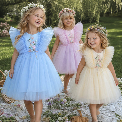 Flower Children Girls Flying Sleeve Tulle Princess Dress