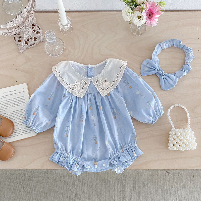 Blue Children's Bodysuit/Dress with Flowers and Lace