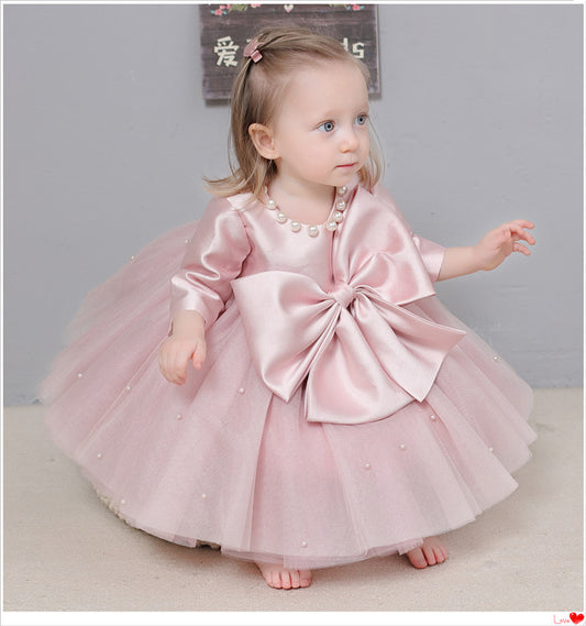 Vestido de fiesta infantil con perlas y lazo