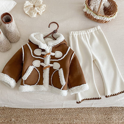 Fur Children's Plush Coat Cute Winter New Girls Coats+pants