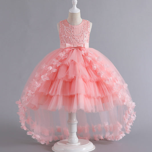 Vestido de fiesta infantil con flores brillantes y lazo 