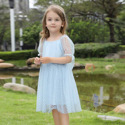 Vestido infantil con lazo de tul y lunares 