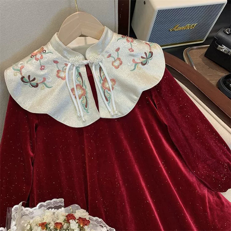 Children's Velvet Dress with Floral Collar
